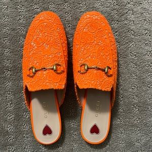 Gucci Princetown Orange Floral Lace Horsebit Mules Size 38